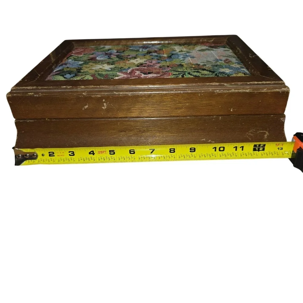 Vintage Jewelry Box Wood London Leather Co Floral Tapestry Red Velvet Lining